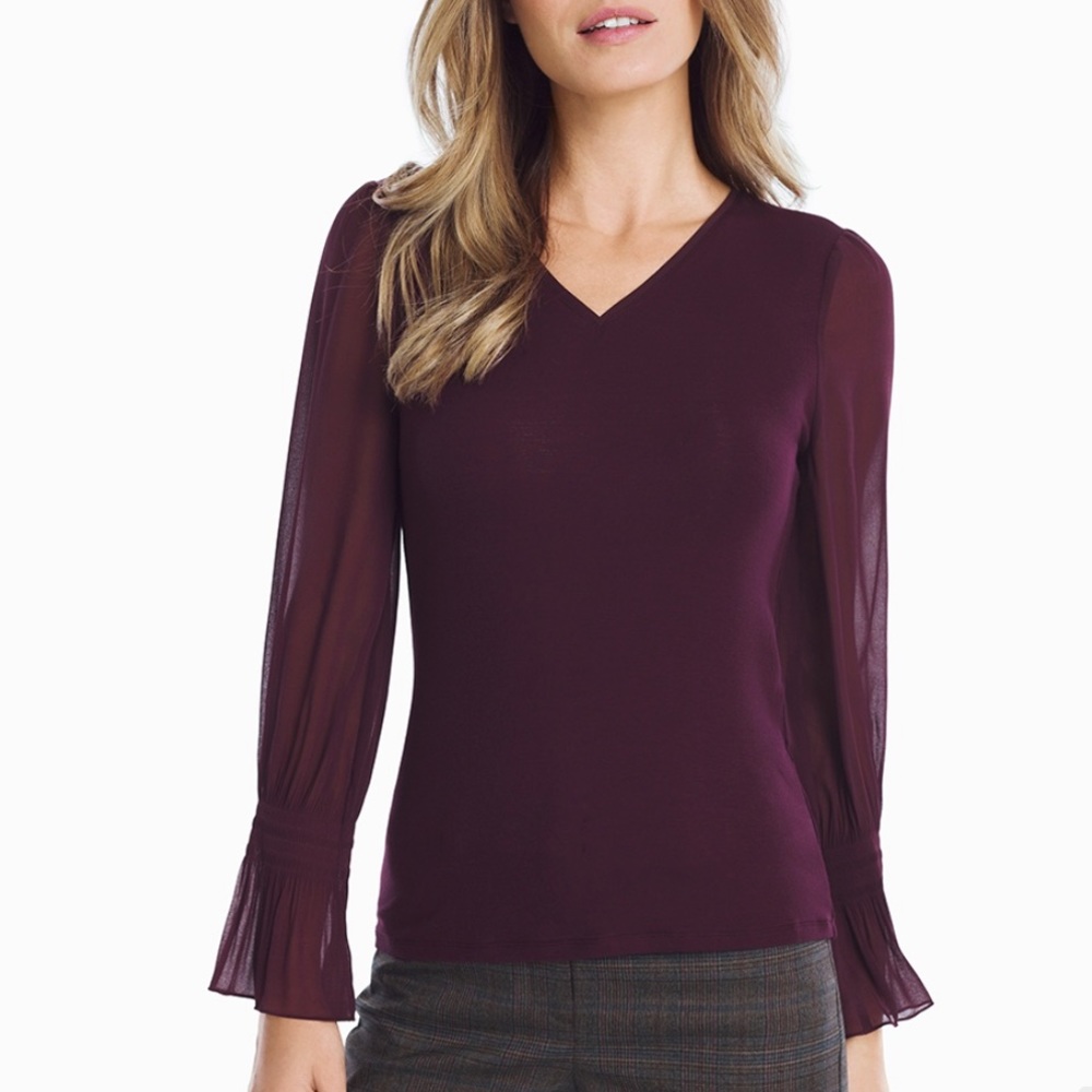 WHBM WOVEN SHEER SLEEVE KNIT TOP